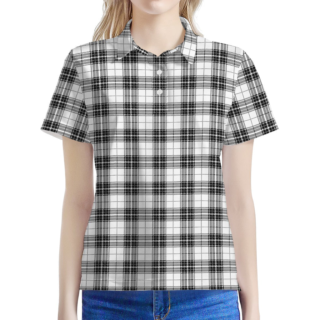 Black And White Tartan Pattern Print Women's Polo Shirt