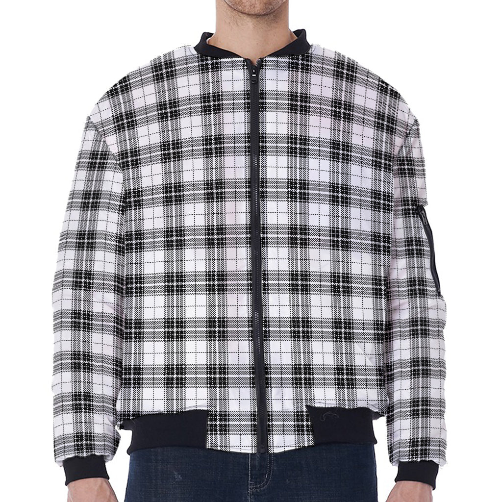 Black And White Tartan Pattern Print Zip Sleeve Bomber Jacket