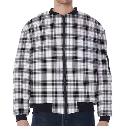 Black And White Tartan Pattern Print Zip Sleeve Bomber Jacket