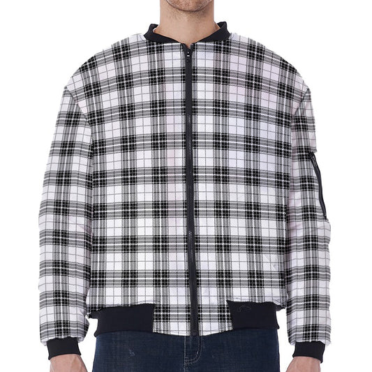 Black And White Tartan Pattern Print Zip Sleeve Bomber Jacket