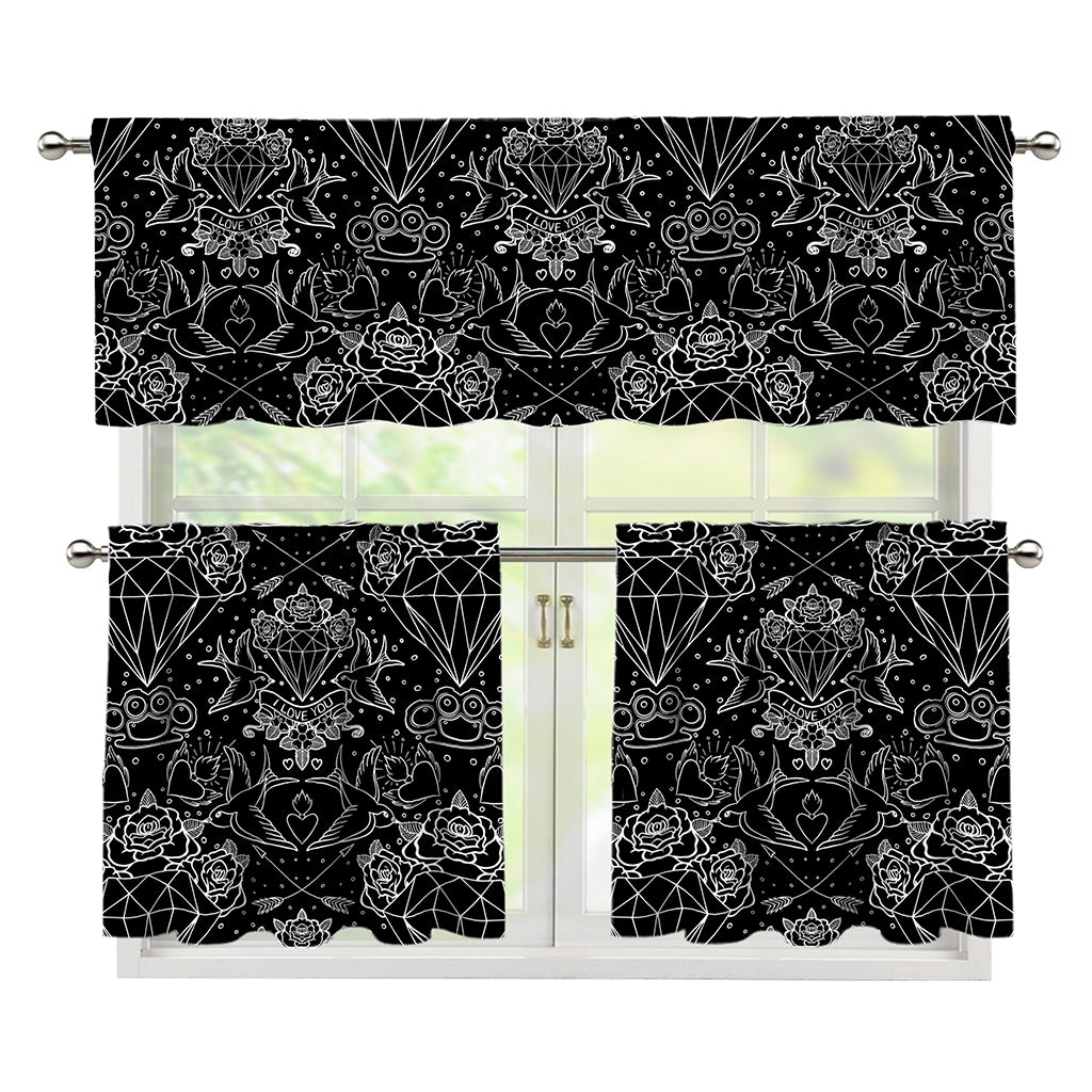 Black And White Tattoo Print 3 Piece Kitchen Curtains