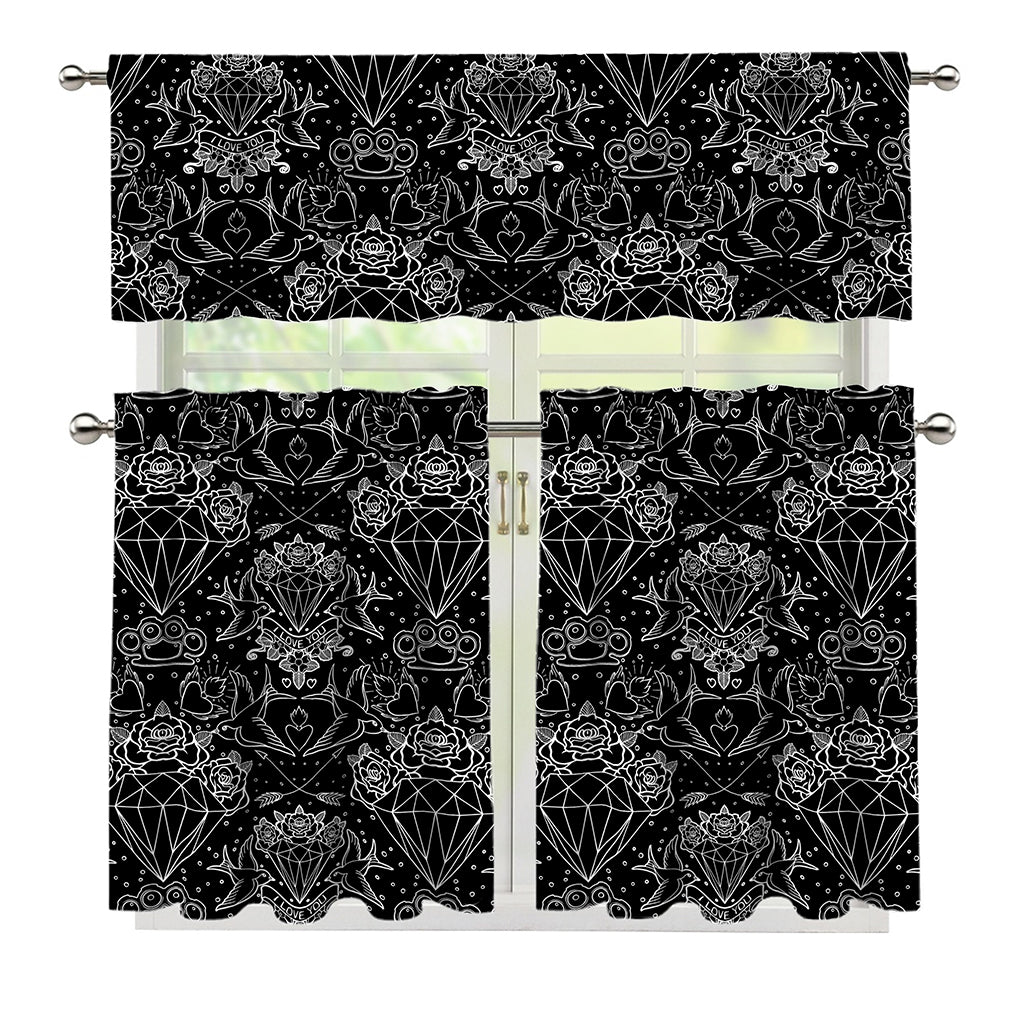 Black And White Tattoo Print 3 Piece Kitchen Curtains