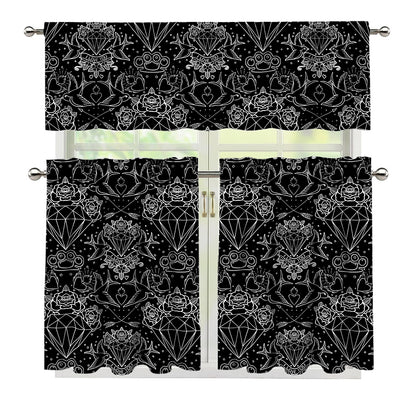 Black And White Tattoo Print 3 Piece Kitchen Curtains