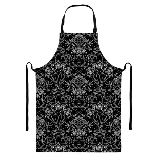 Black And White Tattoo Print Bib Apron With Pocket