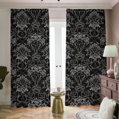 Black And White Tattoo Print Blackout Pencil Pleat Curtains