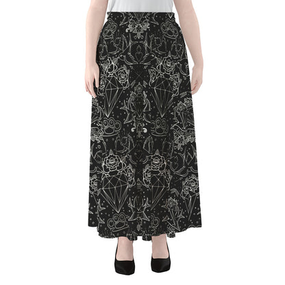 Black And White Tattoo Print Chiffon Maxi Skirt