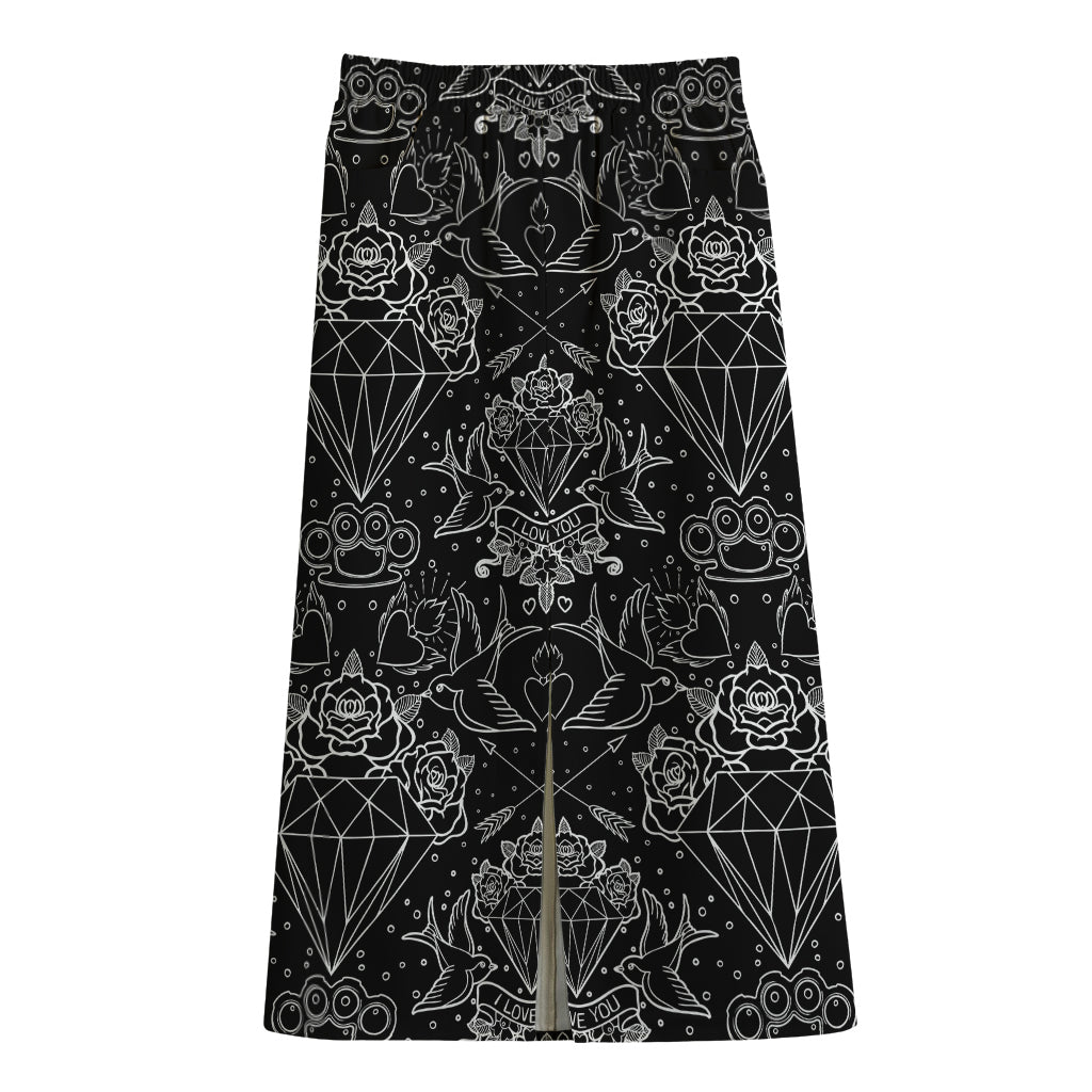 Black And White Tattoo Print Cotton Front Slit Maxi Skirt