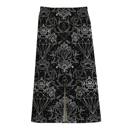 Black And White Tattoo Print Cotton Front Slit Maxi Skirt