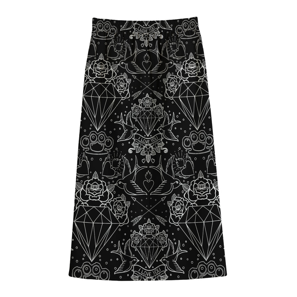 Black And White Tattoo Print Cotton Front Slit Maxi Skirt