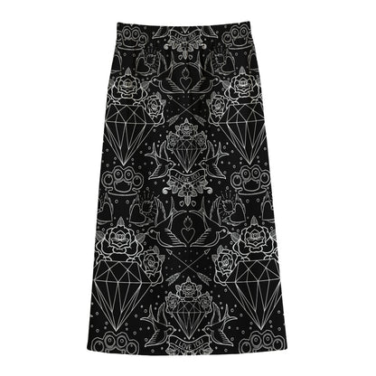 Black And White Tattoo Print Cotton Front Slit Maxi Skirt