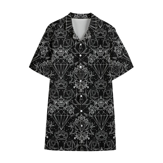 Black And White Tattoo Print Cotton Hawaiian Shirt