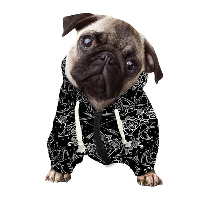 Black And White Tattoo Print Dog Zip Up Hoodie