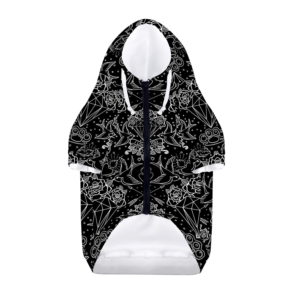 Black And White Tattoo Print Dog Zip Up Hoodie