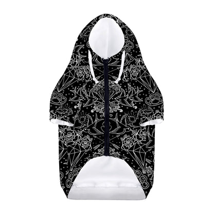 Black And White Tattoo Print Dog Zip Up Hoodie