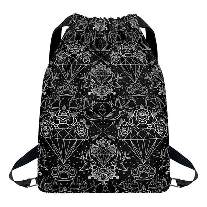 Black And White Tattoo Print Drawstring Backpack