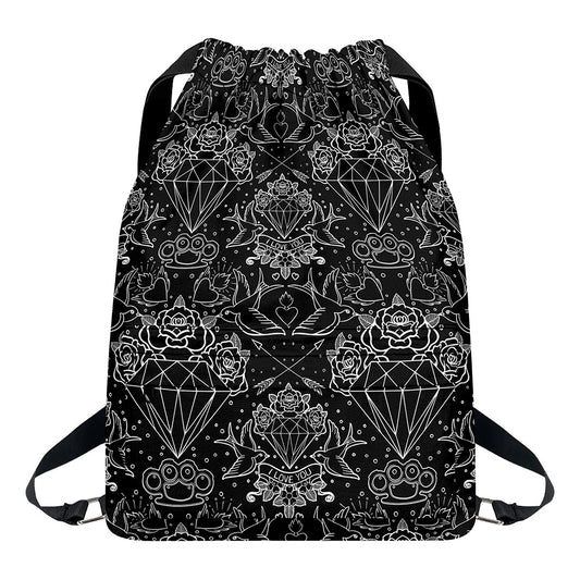 Black And White Tattoo Print Drawstring Backpack
