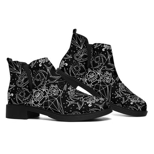 Black And White Tattoo Print Flat Ankle Boots