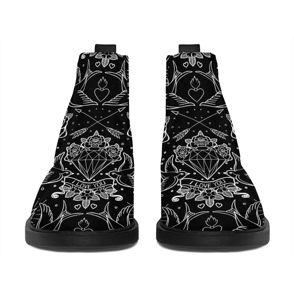 Black And White Tattoo Print Flat Ankle Boots