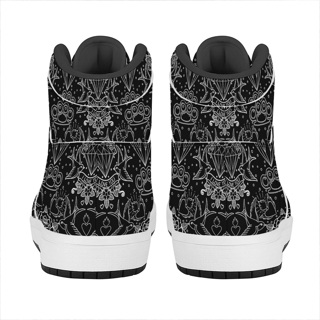 Black And White Tattoo Print High Top Leather Sneakers