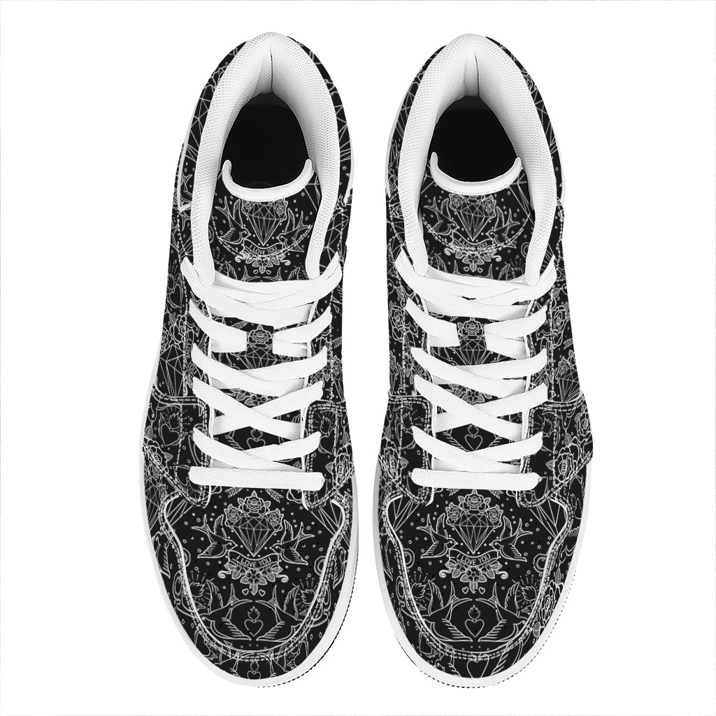 Black And White Tattoo Print High Top Leather Sneakers