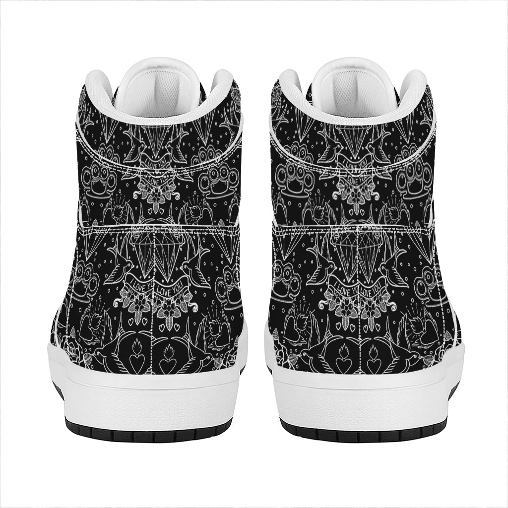 Black And White Tattoo Print High Top Leather Sneakers