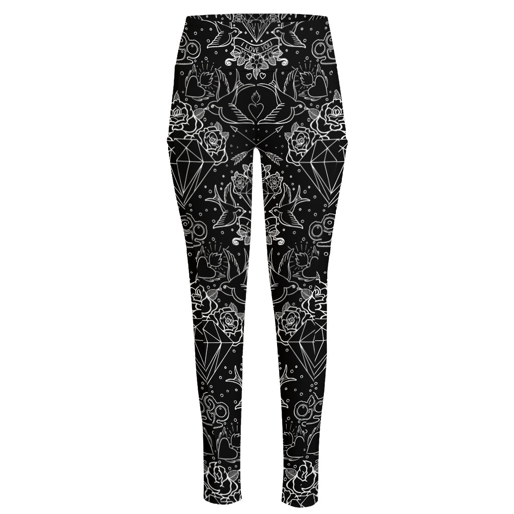 Black And White Tattoo Print High-Waisted Pocket Leggings