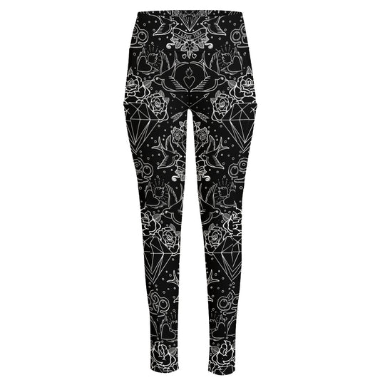Black And White Tattoo Print High-Waisted Pocket Leggings