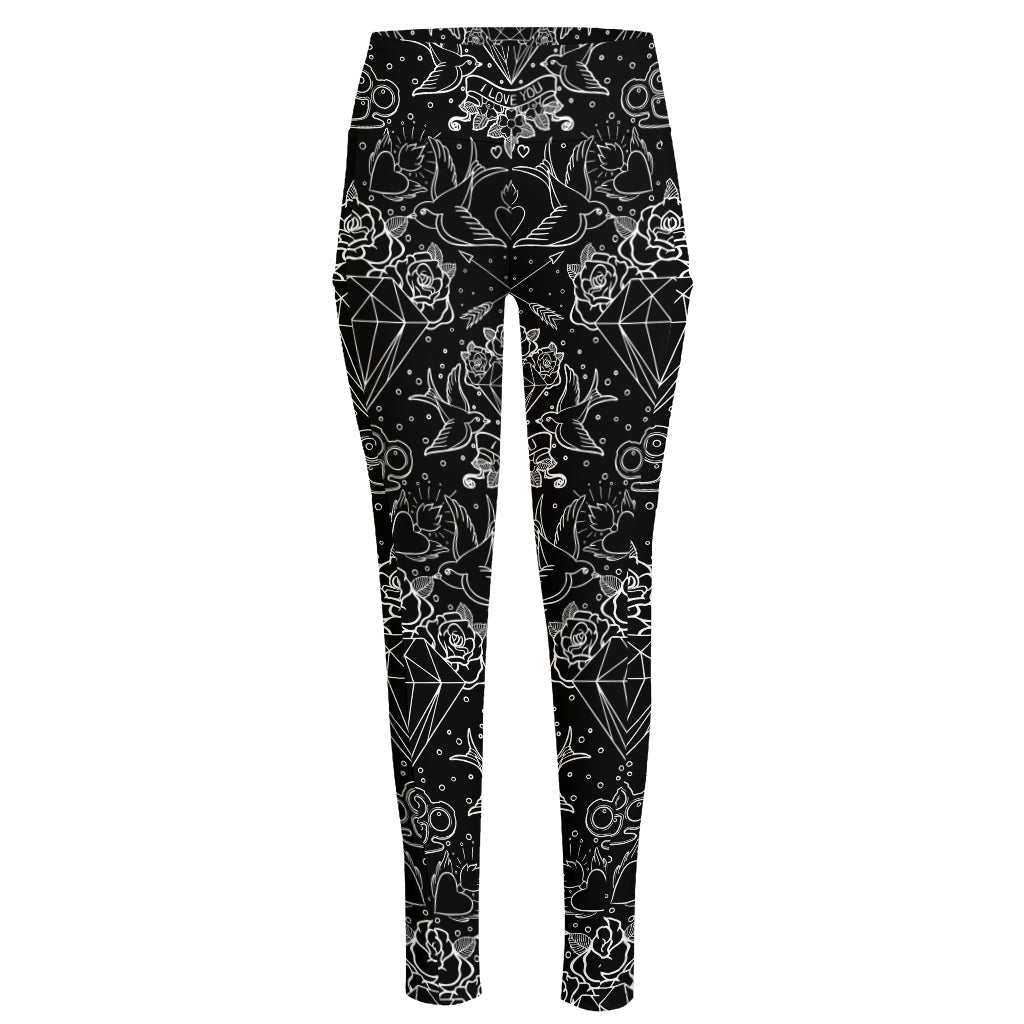 Black And White Tattoo Print High-Waisted Pocket Leggings