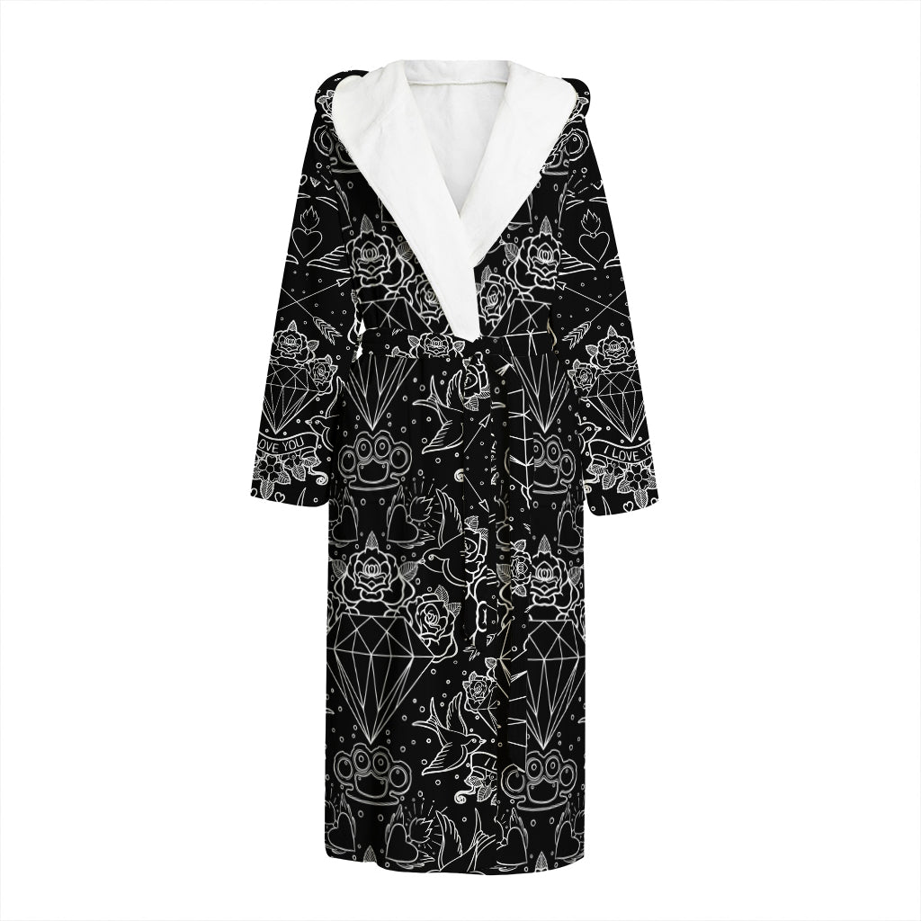 Black And White Tattoo Print Hooded Bathrobe