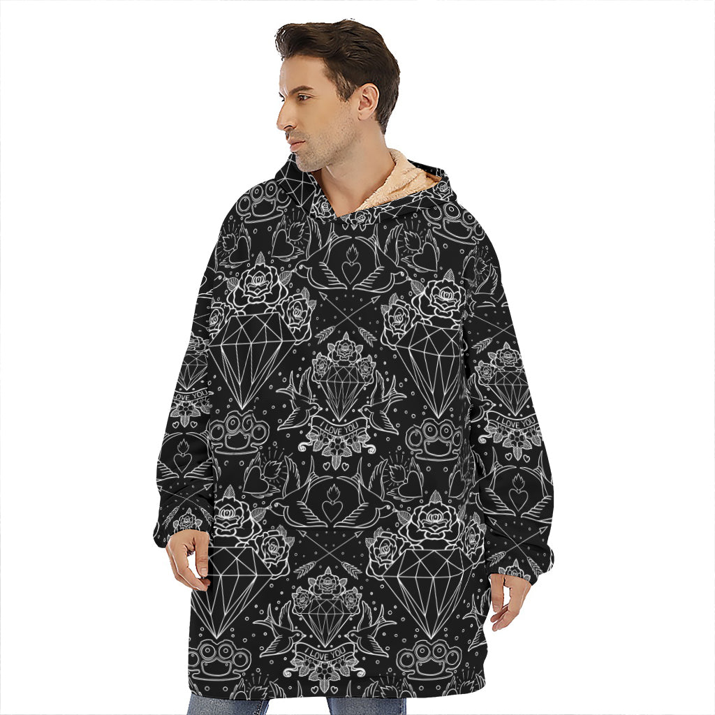 Black And White Tattoo Print Hoodie Blanket