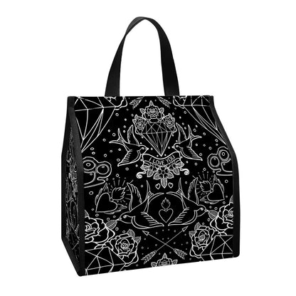 Black And White Tattoo Print Insulated Lunch Tote