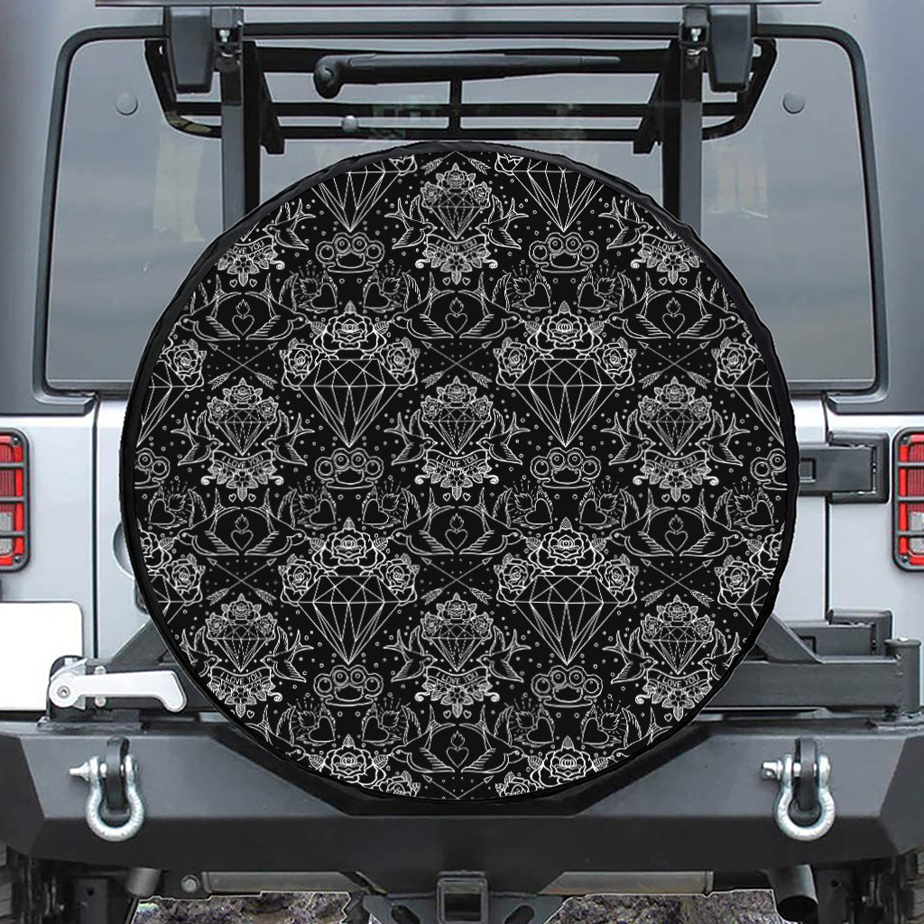 Black And White Tattoo Print Leather Spare Tire Cover