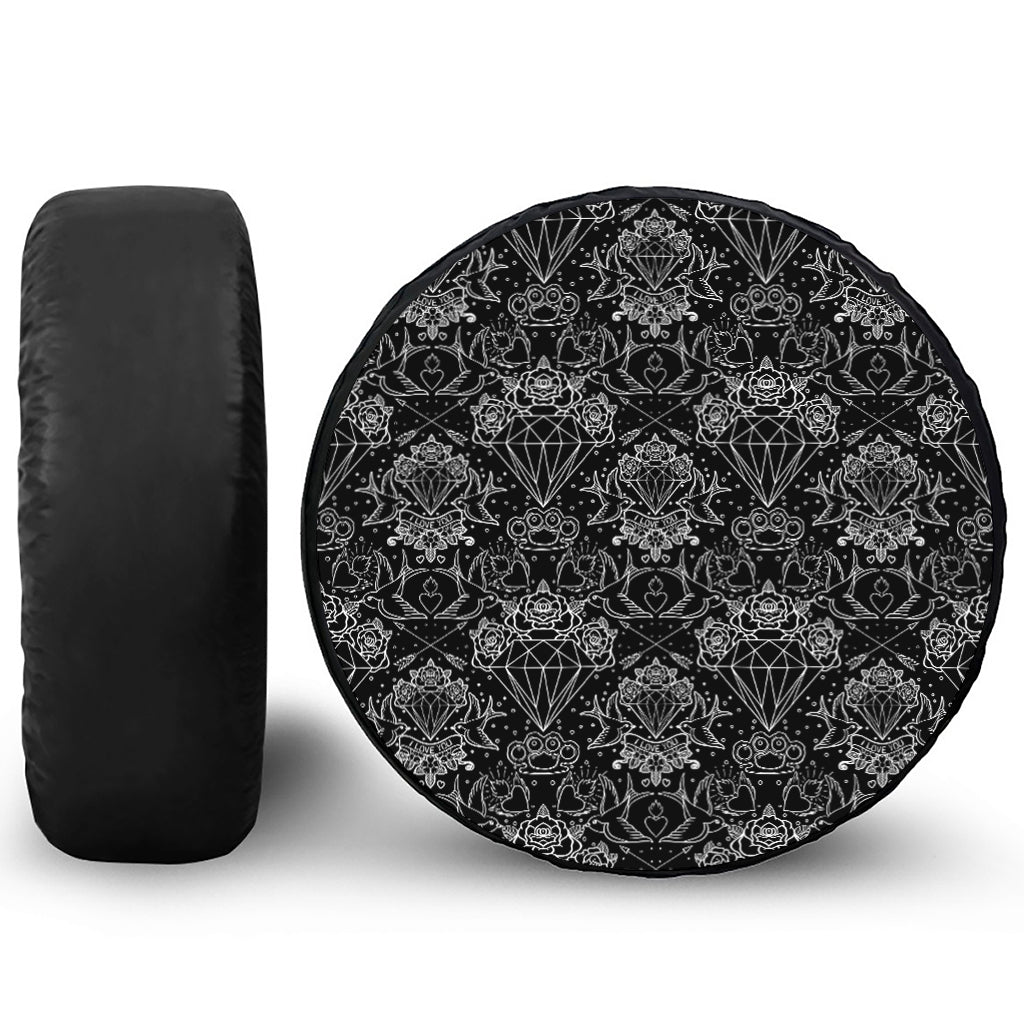 Black And White Tattoo Print Leather Spare Tire Cover