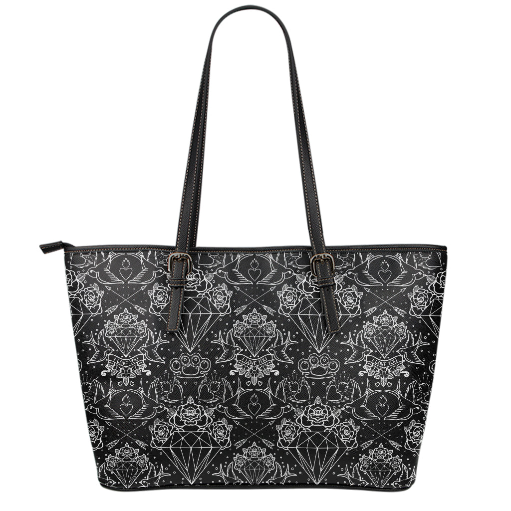 Black And White Tattoo Print Leather Tote Bag