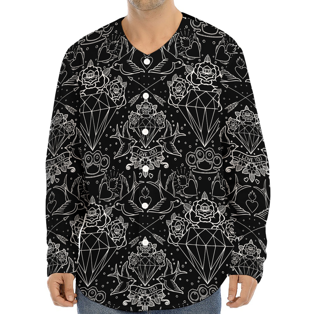 Black And White Tattoo Print Long Sleeve Baseball Jersey