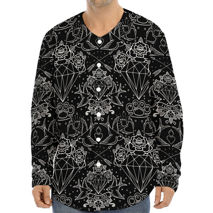 Black And White Tattoo Print Long Sleeve Baseball Jersey