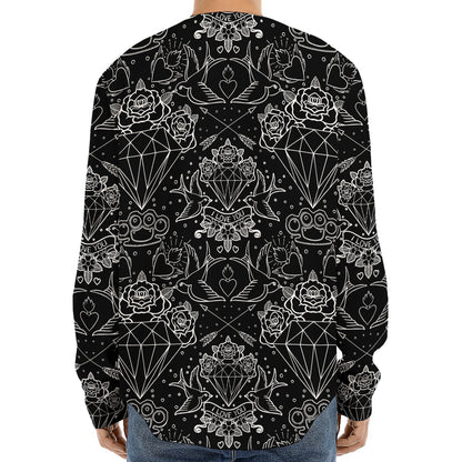 Black And White Tattoo Print Long Sleeve Baseball Jersey