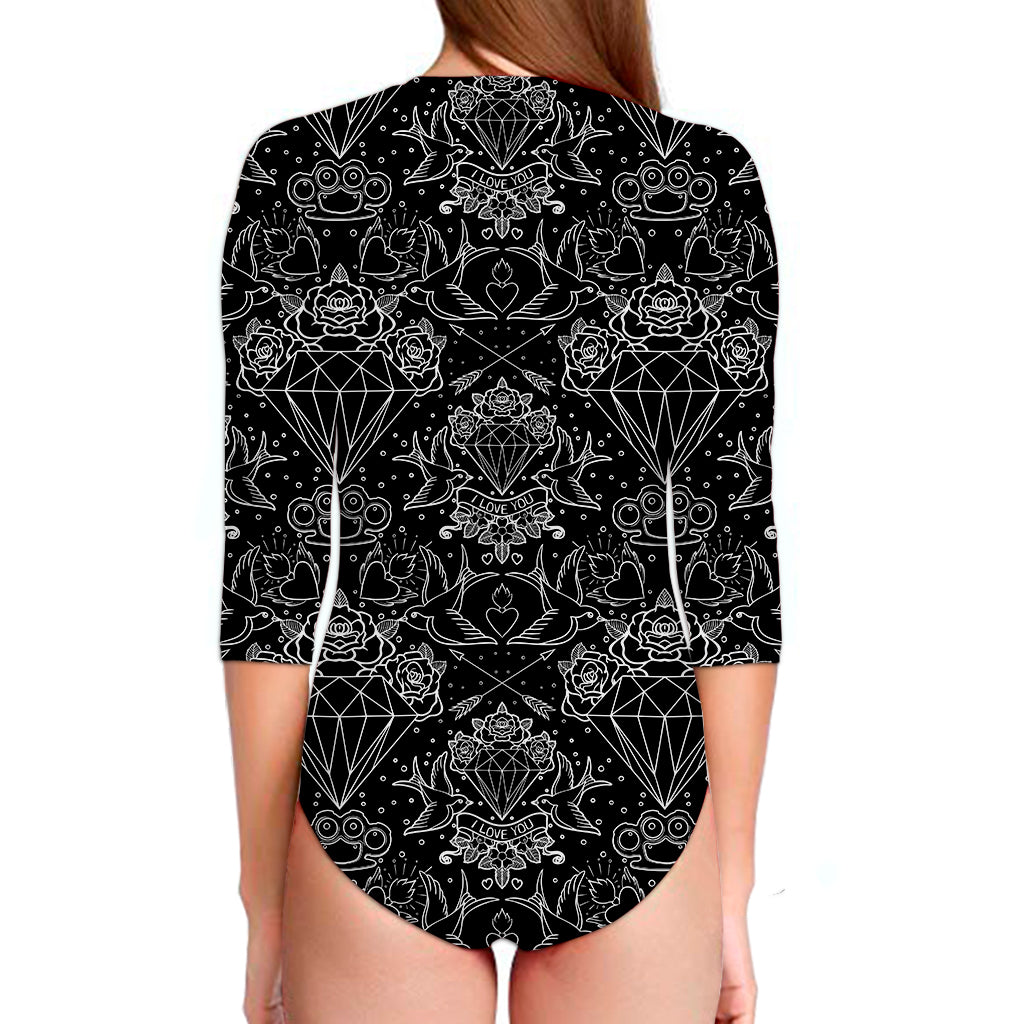 Black And White Tattoo Print Long Sleeve Swimsuit
