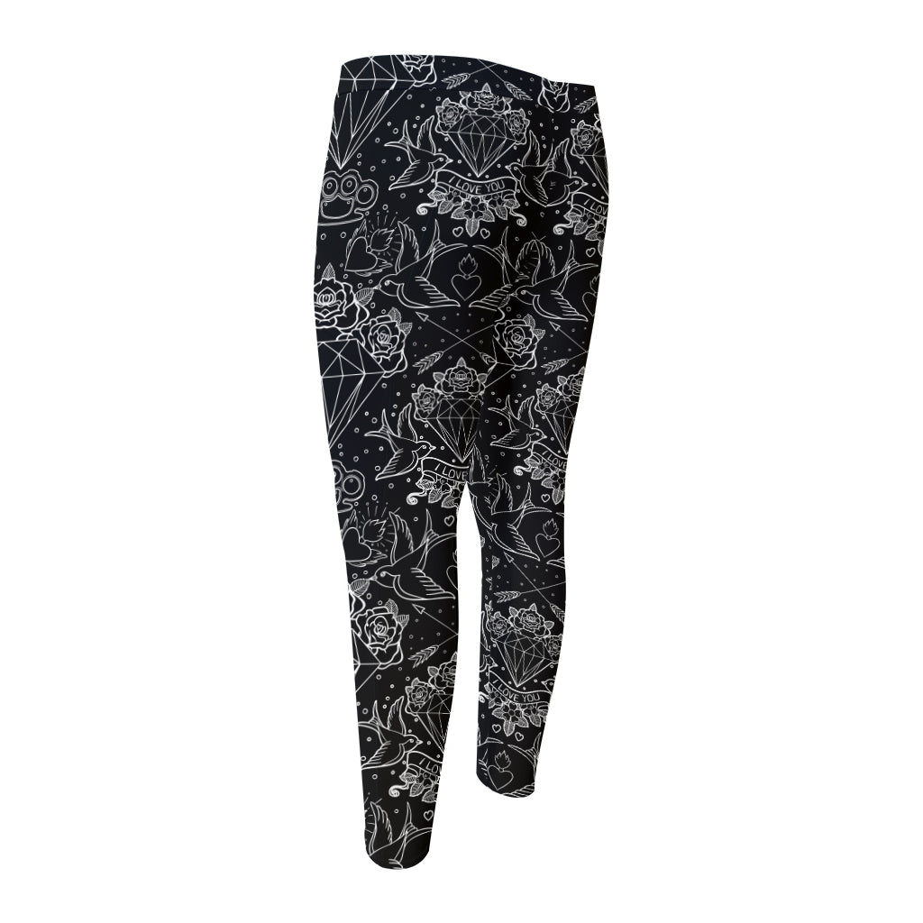 Black And White Tattoo Print Men's Compression Pants