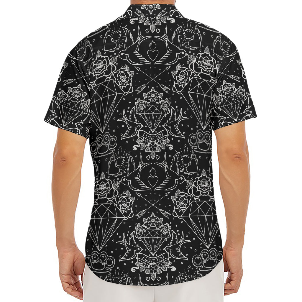 Black And White Tattoo Print Men's Deep V-Neck Shirt