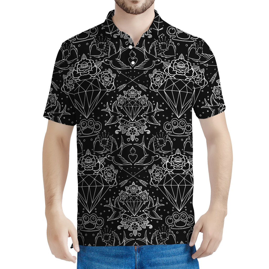 Black And White Tattoo Print Men's Polo Shirt