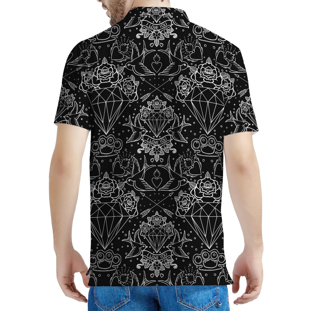 Black And White Tattoo Print Men's Polo Shirt