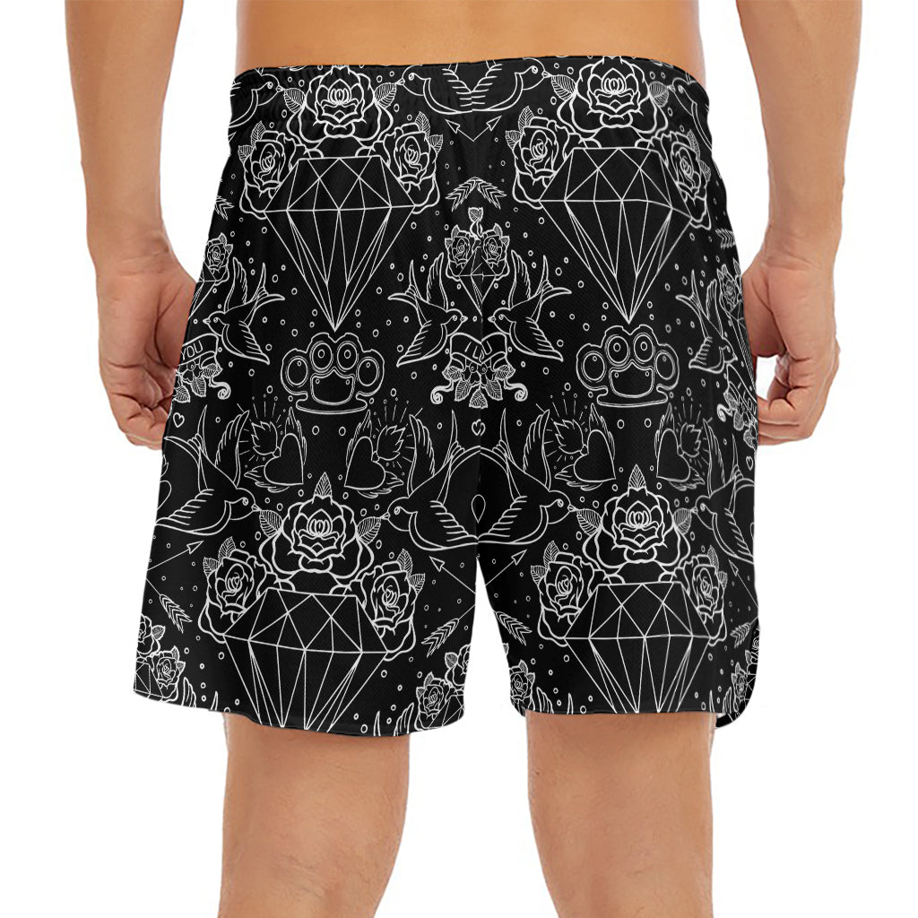 Black And White Tattoo Print Men's Split Running Shorts