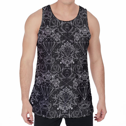 Black And White Tattoo Print Men's Velvet Tank Top