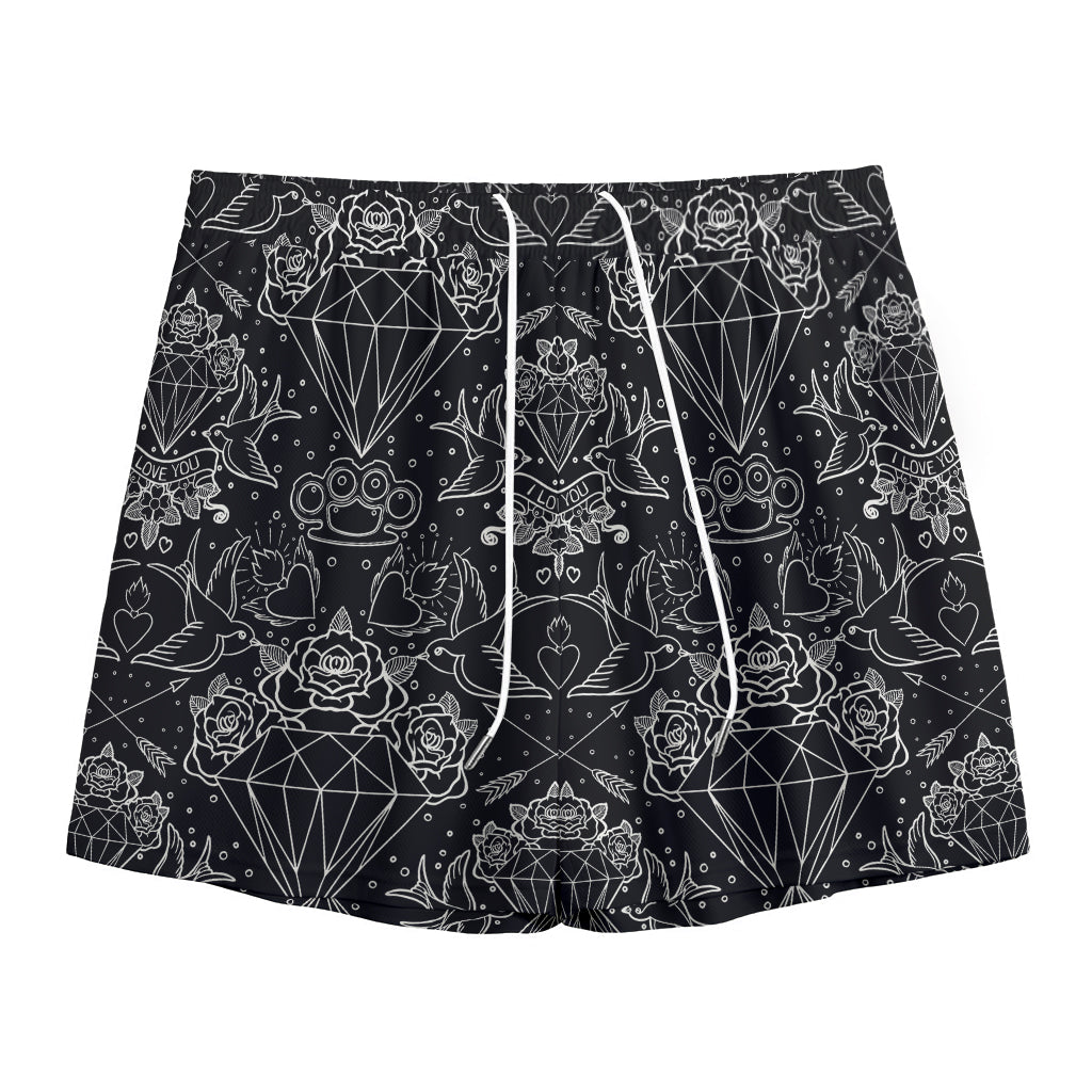 Black And White Tattoo Print Mesh Shorts