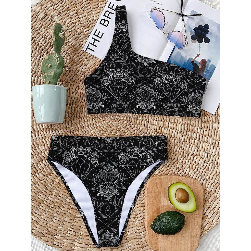 Black And White Tattoo Print One Shoulder Bikini Top