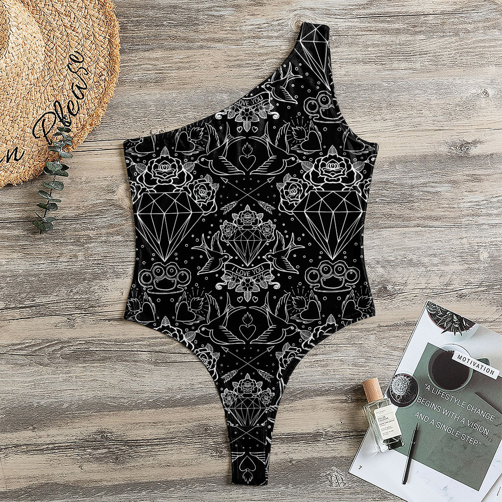 Black And White Tattoo Print One Shoulder Bodysuit