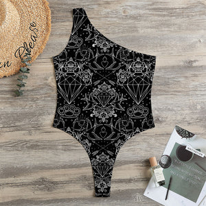 Black And White Tattoo Print One Shoulder Bodysuit