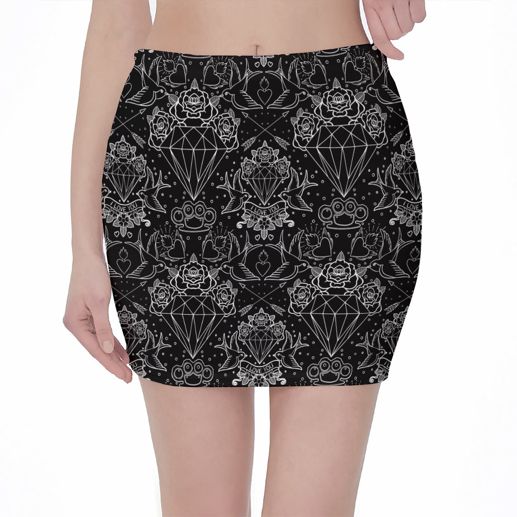 Black And White Tattoo Print Pencil Mini Skirt