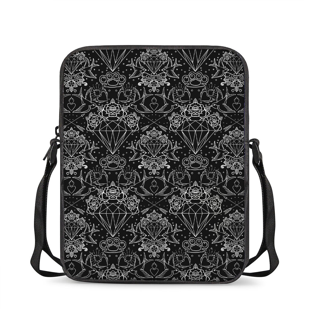 Black And White Tattoo Print Rectangular Crossbody Bag